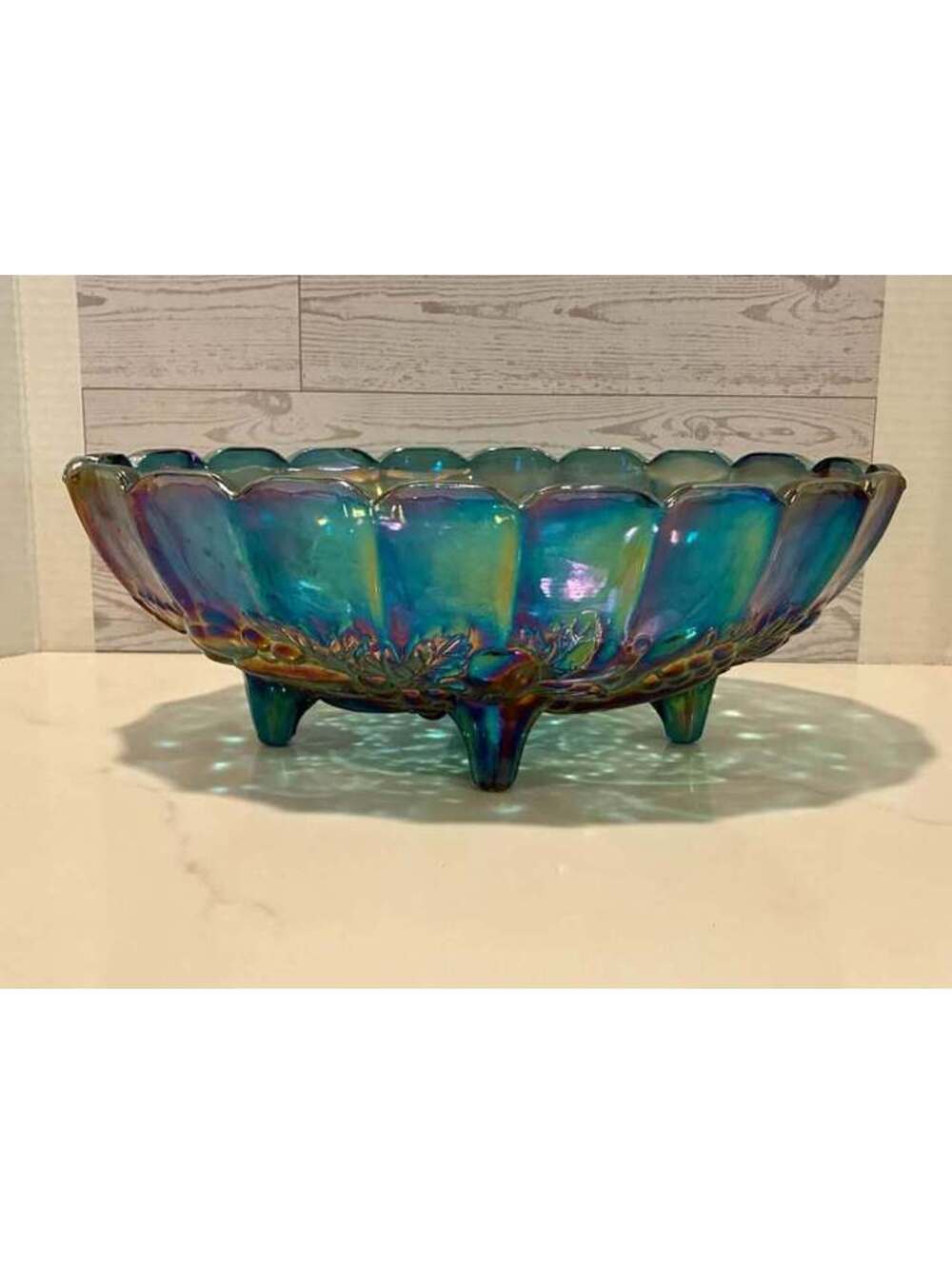VTG Indiana Carnival Glass Harvest Grape iridescent blue oval footed fruit bowl.